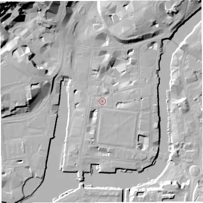 Shaded relief map of the ground around BS14BE, computed from Environment Agency LiDAR. The ground here sits at about 10 m above sea level and falls 38 m across the surrounding 800 m. Surface water reaching this point runs off ground lying to the east, 2.5 m higher.
