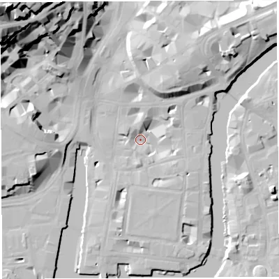 Shaded relief map of the ground around BS14BH, computed from Environment Agency LiDAR. The ground here sits at about 7 m above sea level and falls 52 m across the surrounding 800 m. Surface water reaching this point runs off ground lying to the north-west, 39.4 m higher.