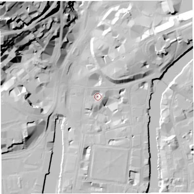 Shaded relief map of the ground around BS14BQ, computed from Environment Agency LiDAR. The ground here sits at about 8 m above sea level and falls 60 m across the surrounding 800 m. Surface water reaching this point runs off ground lying to the south-south-east, 2.6 m higher.