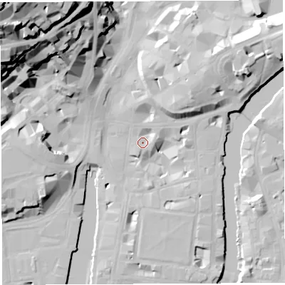 Shaded relief map of the ground around BS14BS, computed from Environment Agency LiDAR. The ground here sits at about 9 m above sea level and falls 60 m across the surrounding 800 m. Surface water reaching this point runs off ground lying to the north-east, 8.8 m higher.