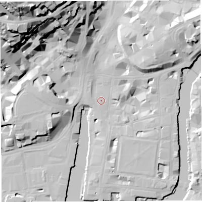 Shaded relief map of the ground around BS14BY, computed from Environment Agency LiDAR. The ground here sits at about 9 m above sea level and falls 53 m across the surrounding 800 m. Surface water reaching this point runs off ground lying to the west, 0.6 m higher.