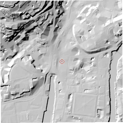 Shaded relief map of the ground around BS14DA, computed from Environment Agency LiDAR. The ground here sits at about 8 m above sea level and falls 61 m across the surrounding 800 m. Surface water reaching this point runs off ground lying to the north-west, 36.2 m higher.