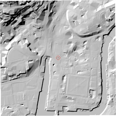Shaded relief map of the ground around BS14DH, computed from Environment Agency LiDAR. The ground here sits at about 9 m above sea level and falls 49 m across the surrounding 800 m. Surface water reaching this point runs off ground lying to the north-west, 37.5 m higher.