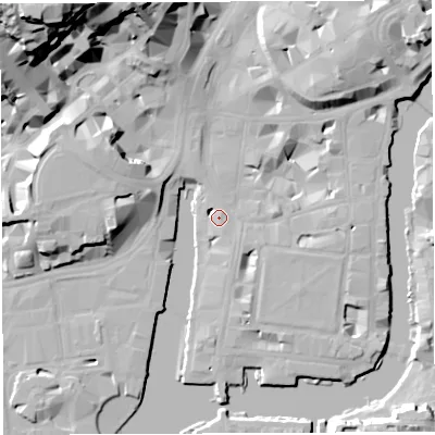 Shaded relief map of the ground around BS14DJ, computed from Environment Agency LiDAR. The ground here sits at about 9 m above sea level and falls 40 m across the surrounding 800 m. Surface water reaching this point runs off ground lying to the south-south-east, 1.2 m higher.