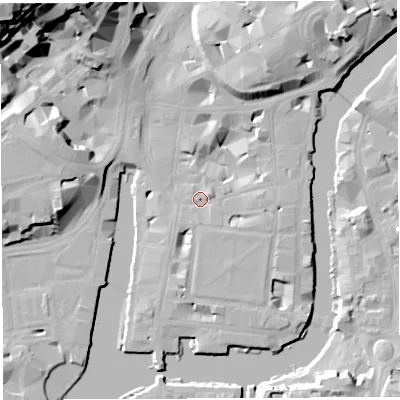 Shaded relief map of the ground around BS14DT, computed from Environment Agency LiDAR. The ground here sits at about 9 m above sea level and falls 40 m across the surrounding 800 m. Surface water reaching this point runs off ground lying to the east-south-east, 2.5 m higher.