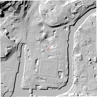 Shaded relief map of the ground around BS14DZ, computed from Environment Agency LiDAR. The ground here sits at about 9 m above sea level and falls 38 m across the surrounding 800 m. Surface water reaching this point runs off ground lying to the south-south-west, 3.1 m higher.