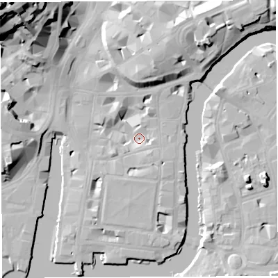 Shaded relief map of the ground around BS14ED, computed from Environment Agency LiDAR. The ground here sits at about 7 m above sea level and falls 42 m across the surrounding 800 m. Surface water reaching this point runs off ground lying to the south-west, 3.1 m higher.