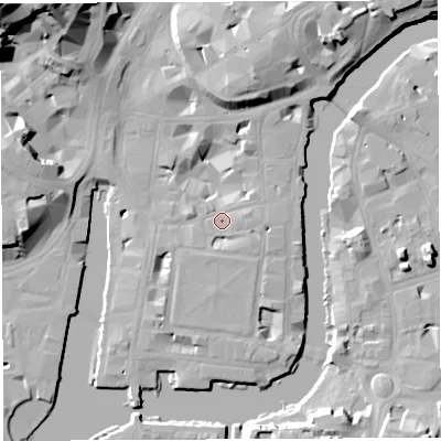 Shaded relief map of the ground around BS14EF, computed from Environment Agency LiDAR. The ground here sits at about 10 m above sea level and falls 33 m across the surrounding 800 m. Surface water reaching this point runs off ground lying to the east-north-east, 1.4 m higher.