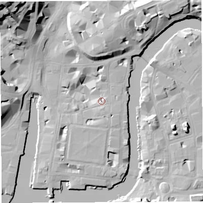 Shaded relief map of the ground around BS14EP, computed from Environment Agency LiDAR. The ground here sits at about 8 m above sea level and falls 34 m across the surrounding 800 m. Surface water reaching this point runs off ground lying to the east-north-east, 2.6 m higher.