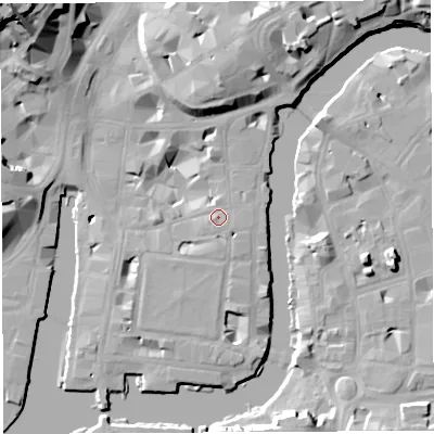 Shaded relief map of the ground around BS14EQ, computed from Environment Agency LiDAR. The ground here sits at about 10 m above sea level and falls 30 m across the surrounding 800 m. Surface water reaching this point runs off ground lying to the west-south-west, 1.3 m higher.