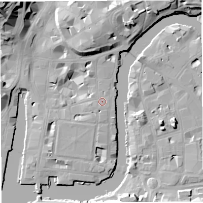 Shaded relief map of the ground around BS14ER, computed from Environment Agency LiDAR. The ground here sits at about 9 m above sea level and falls 27 m across the surrounding 800 m. Surface water reaching this point runs off ground lying to the west-south-west, 1.3 m higher.