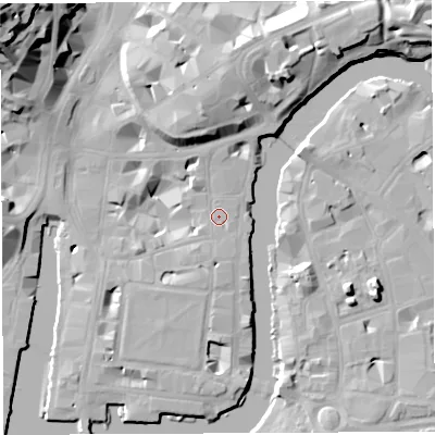 Shaded relief map of the ground around BS14ES, computed from Environment Agency LiDAR. The ground here sits at about 9 m above sea level and falls 33 m across the surrounding 800 m. Surface water reaching this point runs off ground lying to the south-south-west, 2.5 m higher.
