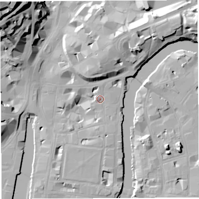Shaded relief map of the ground around BS14EX, computed from Environment Agency LiDAR. The ground here sits at about 9 m above sea level and falls 44 m across the surrounding 800 m. Surface water reaching this point runs off ground lying to the west-north-west, 13.2 m higher.