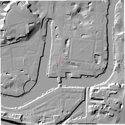 Shaded relief map of the ground around BS14GB, computed from Environment Agency LiDAR. The ground here sits at about 9 m above sea level and falls 20 m across the surrounding 800 m. Surface water reaching this point runs off ground lying to the north-north-east, 3.1 m higher.