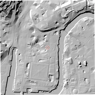Shaded relief map of the ground around BS14HJ, computed from Environment Agency LiDAR. The ground here sits at about 9 m above sea level and falls 41 m across the surrounding 800 m. Surface water reaching this point runs off ground lying to the west-north-west, 13.2 m higher.