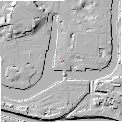 Shaded relief map of the ground around BS14HU, computed from Environment Agency LiDAR. The ground here sits at about 9 m above sea level and falls 20 m across the surrounding 800 m. Surface water reaching this point runs off ground lying to the north-east, 3.1 m higher.
