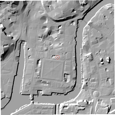 Shaded relief map of the ground around BS14JQ, computed from Environment Agency LiDAR. The ground here sits at about 10 m above sea level and falls 18 m across the surrounding 800 m. Surface water reaching this point runs off ground lying to the east, 2.5 m higher.