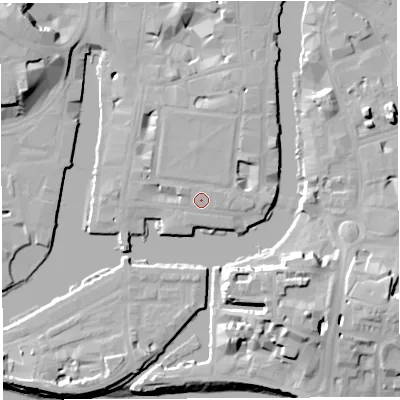 Shaded relief map of the ground around BS14LU, computed from Environment Agency LiDAR. The ground here sits at about 10 m above sea level and falls 20 m across the surrounding 800 m. Surface water reaching this point runs off ground lying to the west-north-west, 1.2 m higher.