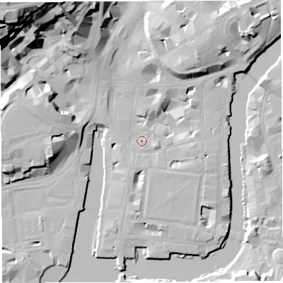 Shaded relief map of the ground around BS14PB, computed from Environment Agency LiDAR. The ground here sits at about 9 m above sea level and falls 41 m across the surrounding 800 m. Surface water reaching this point runs off ground lying to the east-south-east, 2.5 m higher.