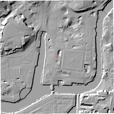 Shaded relief map of the ground around BS14PH, computed from Environment Agency LiDAR. The ground here sits at about 10 m above sea level and falls 20 m across the surrounding 800 m. Surface water reaching this point runs off ground lying to the south-east, 2.8 m higher.