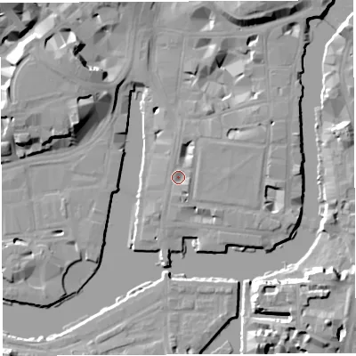 Shaded relief map of the ground around BS14PS, computed from Environment Agency LiDAR. The ground here sits at about 9 m above sea level and falls 19 m across the surrounding 800 m. Surface water reaching this point runs off ground lying to the east-south-east, 3.1 m higher.
