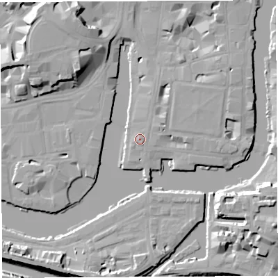 Shaded relief map of the ground around BS14QD, computed from Environment Agency LiDAR. The ground here sits at about 9 m above sea level and falls 20 m across the surrounding 800 m. Surface water reaching this point runs off ground lying to the south-south-west, 0.9 m higher.