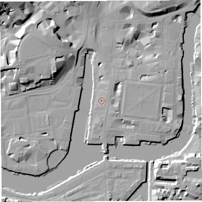 Shaded relief map of the ground around BS14QF, computed from Environment Agency LiDAR. The ground here sits at about 9 m above sea level and falls 24 m across the surrounding 800 m. Surface water reaching this point runs off ground lying to the north-east, 0.7 m higher.