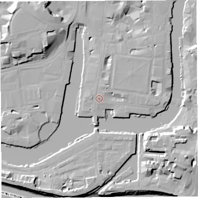 Shaded relief map of the ground around BS14QH, computed from Environment Agency LiDAR. The ground here sits at about 9 m above sea level and falls 20 m across the surrounding 800 m. Surface water reaching this point runs off ground lying to the north-east, 3.2 m higher.
