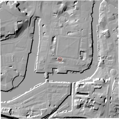 Shaded relief map of the ground around BS14QP, computed from Environment Agency LiDAR. The ground here sits at about 10 m above sea level and falls 20 m across the surrounding 800 m. Surface water reaching this point runs off ground lying to the north-north-east, 3.0 m higher.