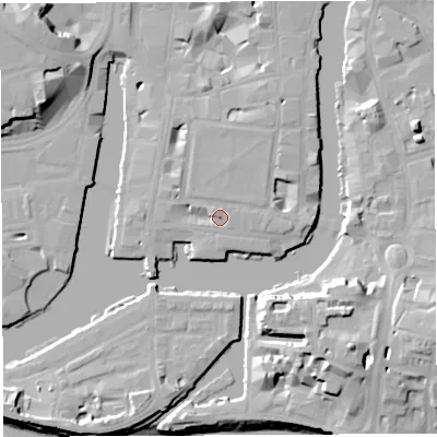 Shaded relief map of the ground around BS14QY, computed from Environment Agency LiDAR. The ground here sits at about 10 m above sea level and falls 20 m across the surrounding 800 m. Surface water reaching this point runs off ground lying to the north-west, 1.4 m higher.