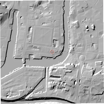 Shaded relief map of the ground around BS14QZ, computed from Environment Agency LiDAR. The ground here sits at about 10 m above sea level and falls 20 m across the surrounding 800 m. Surface water reaching this point runs off ground lying to the north-north-west, 1.8 m higher.