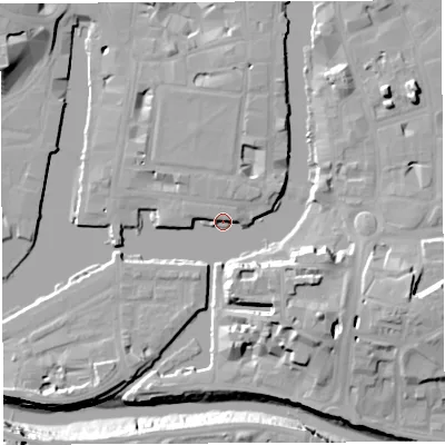 Shaded relief map of the ground around BS14RB, computed from Environment Agency LiDAR. The ground here sits at about 7 m above sea level and falls 20 m across the surrounding 800 m. Surface water reaching this point runs off ground lying to the south-east, 14.1 m higher.