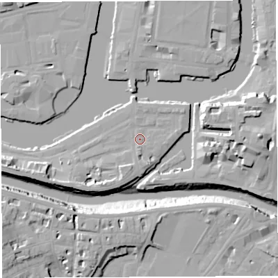 Shaded relief map of the ground around BS14RE, computed from Environment Agency LiDAR. The ground here sits at about 9 m above sea level and falls 20 m across the surrounding 800 m. Surface water reaching this point runs off ground lying to the south, 2.6 m higher.