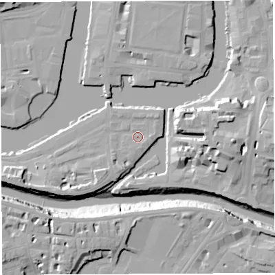 Shaded relief map of the ground around BS14RG, computed from Environment Agency LiDAR. The ground here sits at about 9 m above sea level and falls 20 m across the surrounding 800 m. Surface water reaching this point runs off ground lying to the south-south-west, 2.6 m higher.