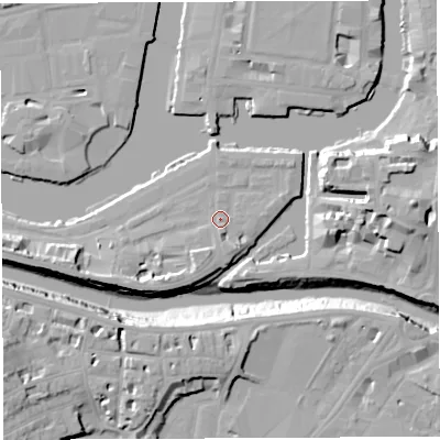 Shaded relief map of the ground around BS14RH, computed from Environment Agency LiDAR. The ground here sits at about 10 m above sea level and falls 20 m across the surrounding 800 m. Surface water reaching this point runs off ground lying to the south-west, 4.3 m higher.