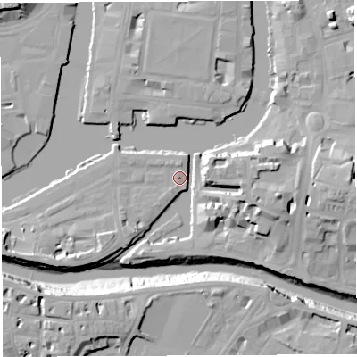Shaded relief map of the ground around BS14RJ, computed from Environment Agency LiDAR. The ground here sits at about 9 m above sea level and falls 20 m across the surrounding 800 m. Surface water reaching this point runs off ground lying to the east, 14.1 m higher.