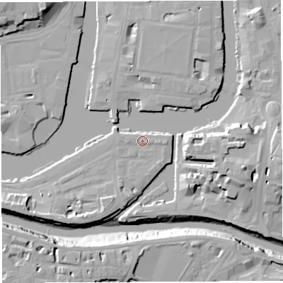 Shaded relief map of the ground around BS14RL, computed from Environment Agency LiDAR. The ground here sits at about 9 m above sea level and falls 20 m across the surrounding 800 m. Surface water reaching this point runs off ground lying to the south-west, 6.0 m higher.