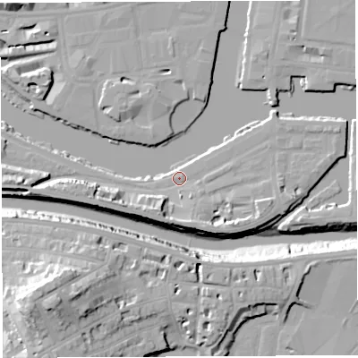 Shaded relief map of the ground around BS14RN, computed from Environment Agency LiDAR. The ground here sits at about 9 m above sea level and falls 28 m across the surrounding 800 m. Surface water reaching this point runs off ground lying to the south-west, 6.7 m higher.