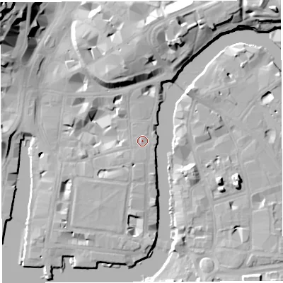 Shaded relief map of the ground around BS14RR, computed from Environment Agency LiDAR. The ground here sits at about 9 m above sea level and falls 29 m across the surrounding 800 m. Surface water reaching this point runs off ground lying to the south-south-west, 2.7 m higher.
