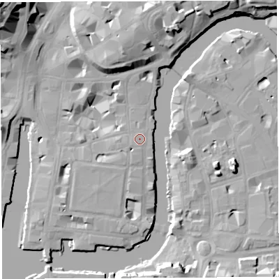 Shaded relief map of the ground around BS14RS, computed from Environment Agency LiDAR. The ground here sits at about 9 m above sea level and falls 27 m across the surrounding 800 m. Surface water reaching this point runs off ground lying to the south-west, 2.7 m higher.