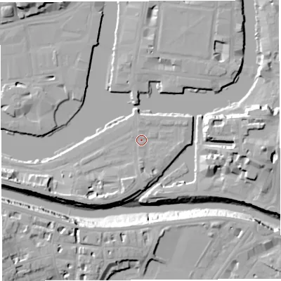 Shaded relief map of the ground around BS14RW, computed from Environment Agency LiDAR. The ground here sits at about 9 m above sea level and falls 20 m across the surrounding 800 m. Surface water reaching this point runs off ground lying to the south-west, 6.0 m higher.