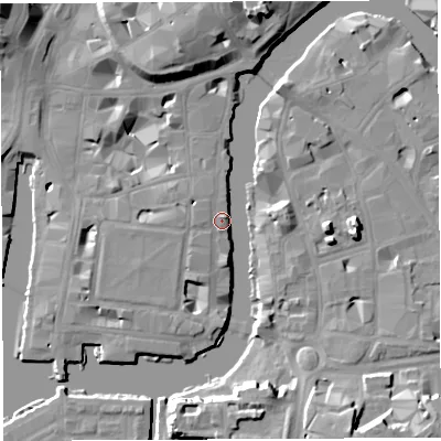Shaded relief map of the ground around BS14SB, computed from Environment Agency LiDAR. The ground here sits at about 10 m above sea level and falls 16 m across the surrounding 800 m. Surface water reaching this point runs off ground lying to the west, 1.4 m higher.