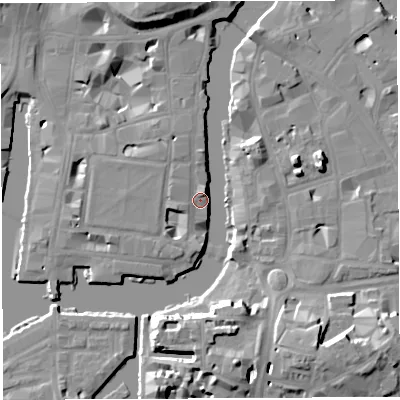 Shaded relief map of the ground around BS14SL, computed from Environment Agency LiDAR. The ground here sits at about 10 m above sea level and falls 16 m across the surrounding 800 m. Surface water reaching this point runs off ground lying to the west-south-west, 5.1 m higher.