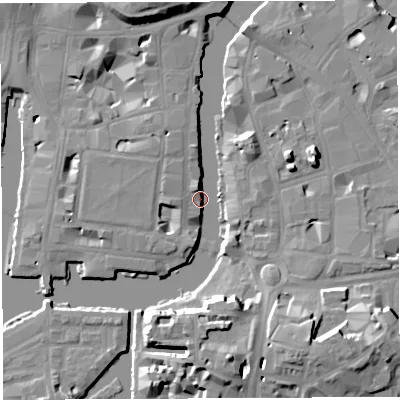 Shaded relief map of the ground around BS14SP, computed from Environment Agency LiDAR. The ground here sits at about 9 m above sea level and falls 16 m across the surrounding 800 m. Surface water reaching this point runs off ground lying to the west, 5.1 m higher.