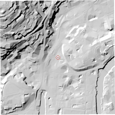 Shaded relief map of the ground around BS14SR, computed from Environment Agency LiDAR. The ground here sits at about 9 m above sea level and falls 74 m across the surrounding 800 m. Surface water reaching this point runs off ground lying to the east, 8.3 m higher.