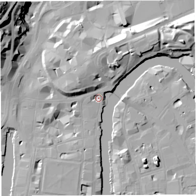 Shaded relief map of the ground around BS14SS, computed from Environment Agency LiDAR. The ground here sits at about 7 m above sea level and falls 38 m across the surrounding 800 m. Surface water reaching this point runs off ground lying to the north, 12.7 m higher.