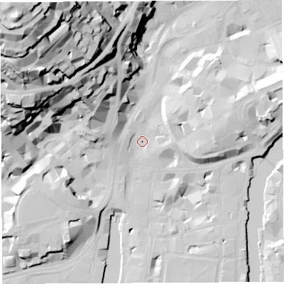 Shaded relief map of the ground around BS14ST, computed from Environment Agency LiDAR. The ground here sits at about 9 m above sea level and falls 74 m across the surrounding 800 m. Surface water reaching this point runs off ground lying to the east, 8.3 m higher.