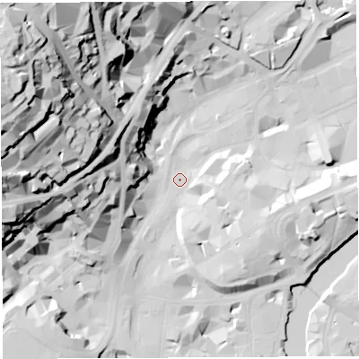 Shaded relief map of the ground around BS14TB, computed from Environment Agency LiDAR. The ground here sits at about 9 m above sea level and falls 74 m across the surrounding 800 m. Surface water reaching this point runs off ground lying to the west, 29.2 m higher.