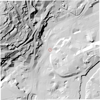 Shaded relief map of the ground around BS14TD, computed from Environment Agency LiDAR. The ground here sits at about 9 m above sea level and falls 74 m across the surrounding 800 m. Surface water reaching this point runs off ground lying to the east-south-east, 9.0 m higher.
