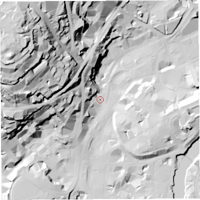 Shaded relief map of the ground around BS14TN, computed from Environment Agency LiDAR. The ground here sits at about 9 m above sea level and falls 74 m across the surrounding 800 m. Surface water reaching this point runs off ground lying to the west, 29.2 m higher.